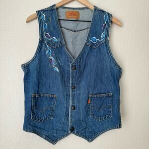 Vintage Levi's Women's Orange Tab Denim Vest Hand Painted Design Size Medium